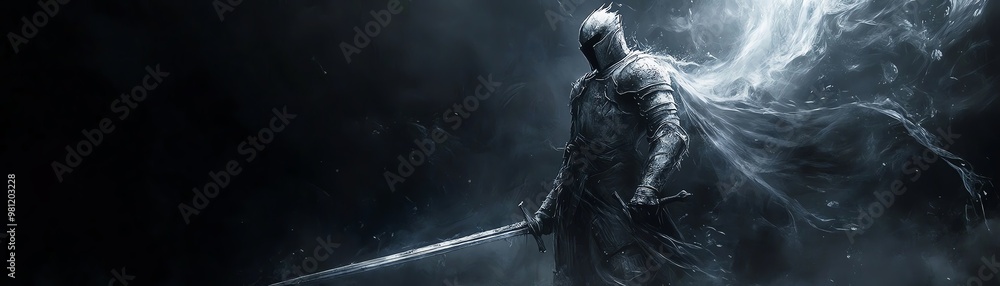 Fototapeta premium Epic fantasy warrior with a sword, shrouded in ethereal mist, in a dark mystical setting. Dramatic and powerful atmosphere.