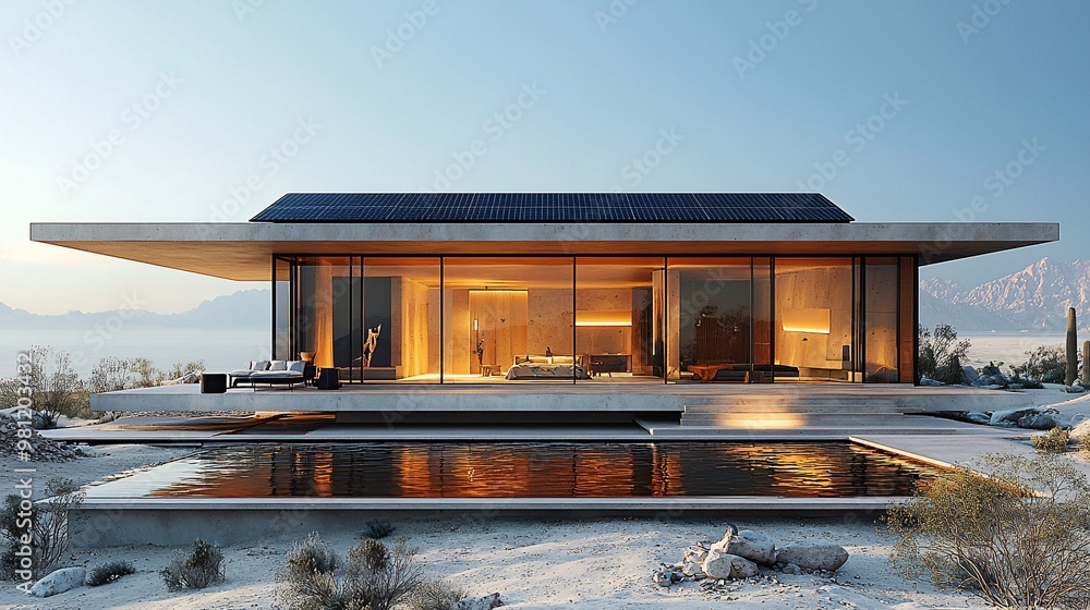 Design a sleek, modern house with a rooftop covered in solar panels, set against the vast expanse of the desert under a clear blue sky Design a sleek, modern house with a rooftop covered in solar panels, set against the vast expanse of the desert under a clear blue sky