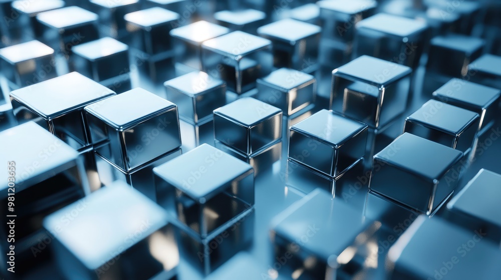 3D render featuring basic geometric shapes with reflective metal surfaces and cubes ideal for abstract or technology themed backgrounds 3D render featuring basic geometric shapes with reflective metal surfaces and cubes ideal for abstract or technology themed backgrounds