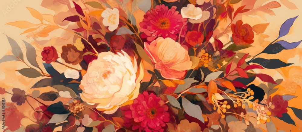 Painting of a vibrant autumn bouquet featuring red pink magenta and orange hues Painting of a vibrant autumn bouquet featuring red pink magenta and orange hues