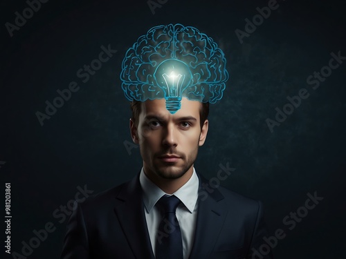 Businessman with a light bulb and brain on a dark blue background