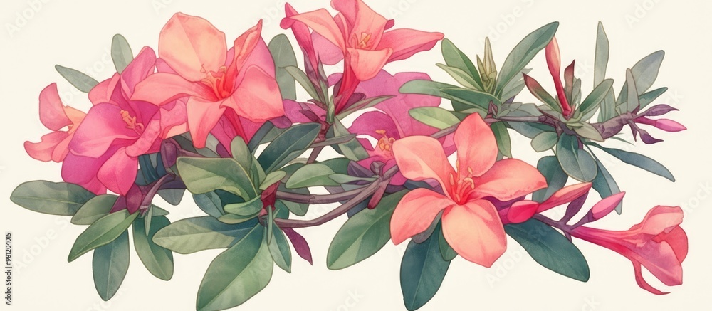 Close up painting of an Impala Lily featuring pink blooms lush green leaves and characteristics of the Adenium obesum plant Close up painting of an Impala Lily featuring pink blooms lush green leaves and characteristics of the Adenium obesum plant
