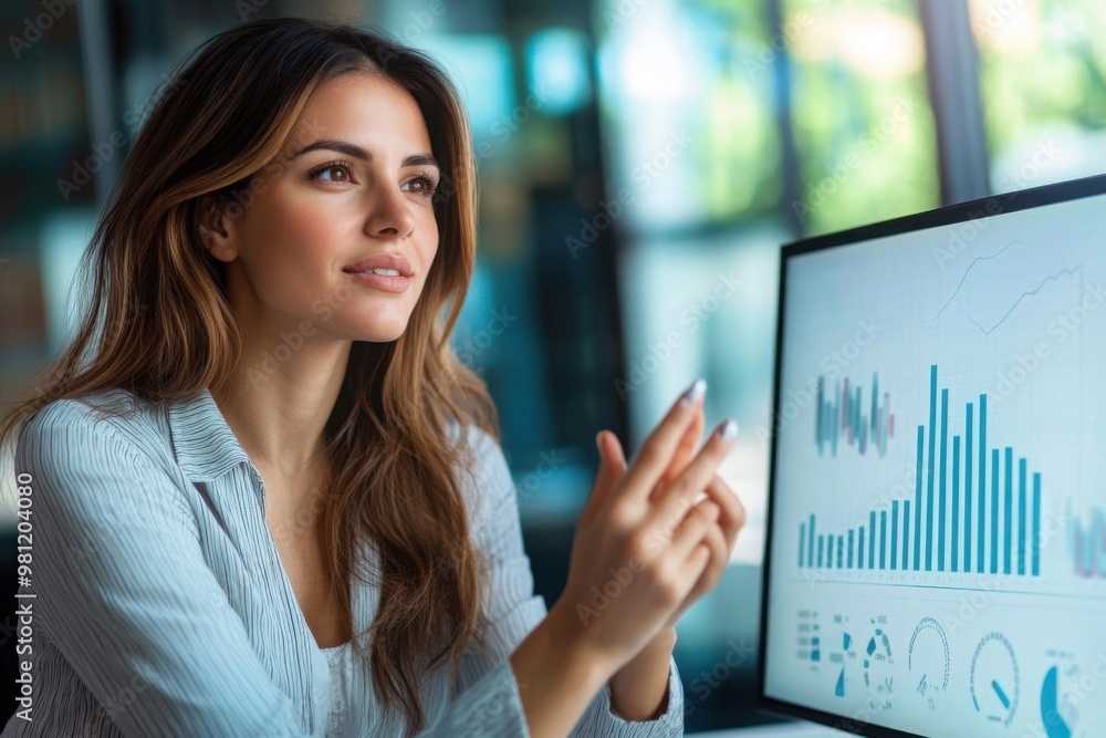 Businesswoman Analyzing Financial Data on Computer Businesswoman Analyzing Financial Data on Computer