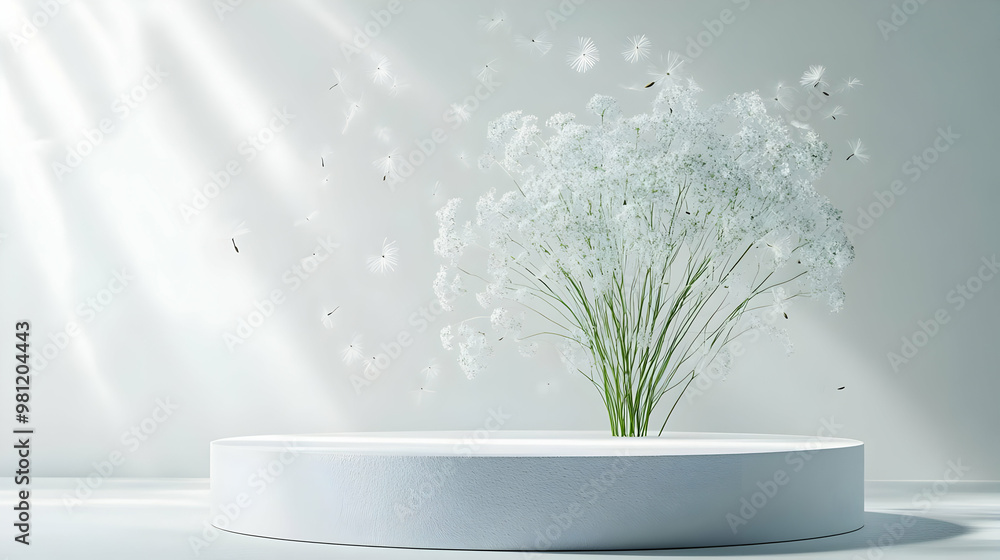 3D White Dandelion Seed Podium Concept: Medium Shot of Minimalist Design Symbolizing Letting Go for Janeiro Branco with Floating Seeds and Emotional Release 3D White Dandelion Seed Podium Concept: Medium Shot of Minimalist Design Symbolizing Letting Go for Janeiro Branco with Floating Seeds and Emotional Release