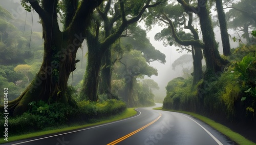 The Heredia province of Costa Rica is home to a lush, vibrant green rainforest that is traversed by a peaceful, winding road. The forest is home to towering trees, whose trunks are thick and gnarled a photo