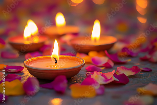 Celebrating Diwali festival, candles in temple with colorful background