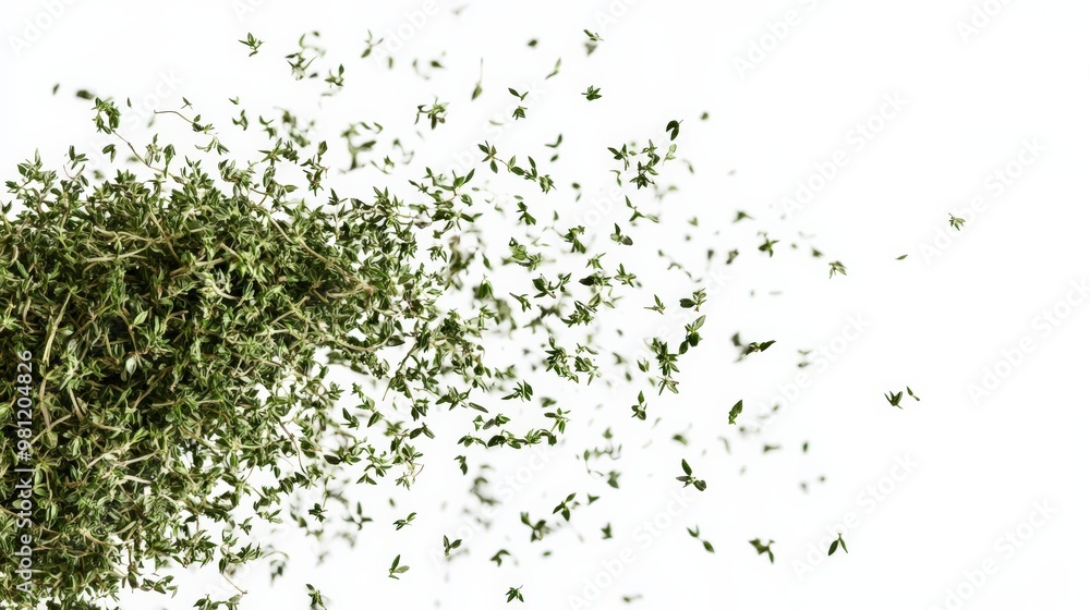 Dried green herb leaves scattered on a white background, presenting a fresh and natural culinary ingredient for cooking and seasoning. Dried green herb leaves scattered on a white background, presenting a fresh and natural culinary ingredient for cooking and seasoning.