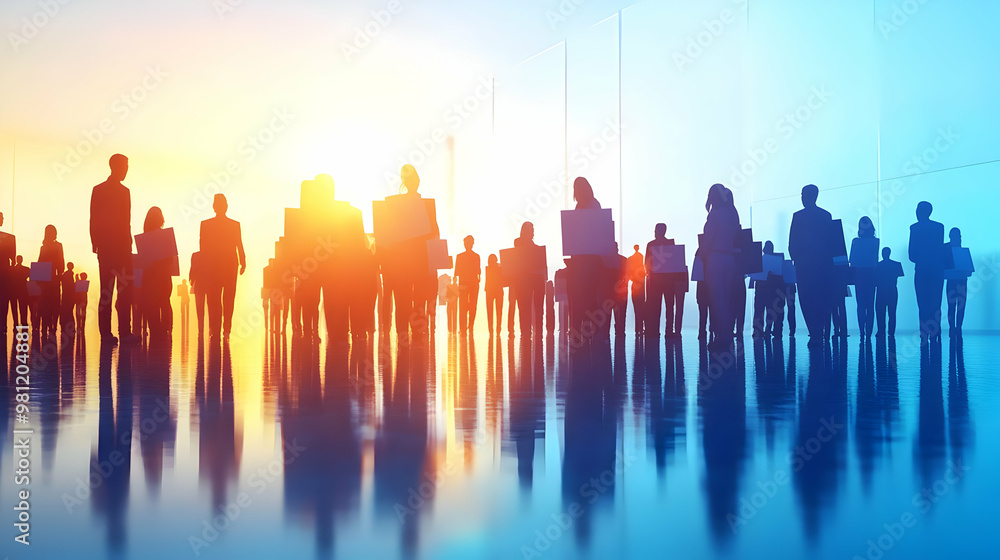 Fototapeta premium 3D Plain Gradient Soft Background with Silhouetted Poll Workers in Vote Counting Activities - Light to Dark Blue Gradient - Ideal for Election Process Messaging