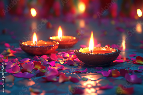 Celebrating Diwali festival, candles in temple with colorful background