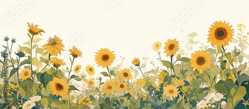 Painting of vibrant sunflowers and foliage against a white backdrop photo