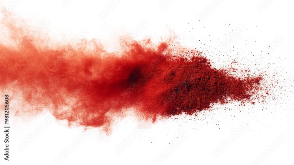 Dynamic burst of red powder against a clean white background, capturing the moment of explosion and movement in vivid detail. Dynamic burst of red powder against a clean white background, capturing the moment of explosion and movement in vivid detail.