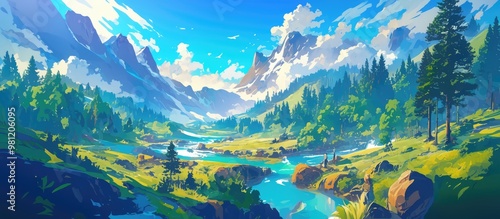 Landscape painting featuring stunning mountain scenery lush forests sacred trees vibrant plants and a flowing creek surrounded by breathtaking natural beauty photo