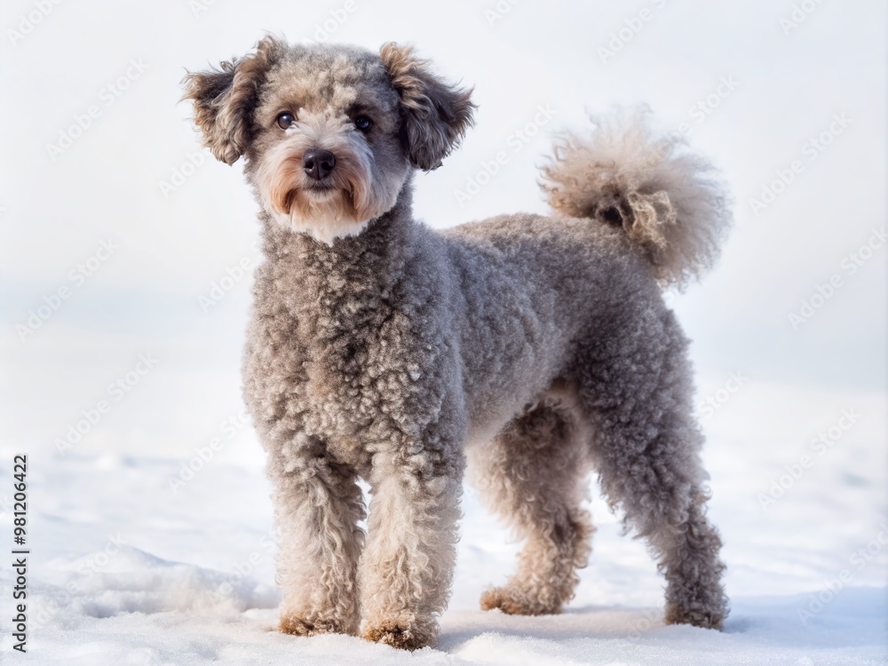 A fluffy, curly-coated Pumi dog stands upright, showcasing its intelligent expression and agile physique against a clean, snowy white background with subtle shadows. A fluffy, curly-coated Pumi dog stands upright, showcasing its intelligent expression and agile physique against a clean, snowy white background with subtle shadows.