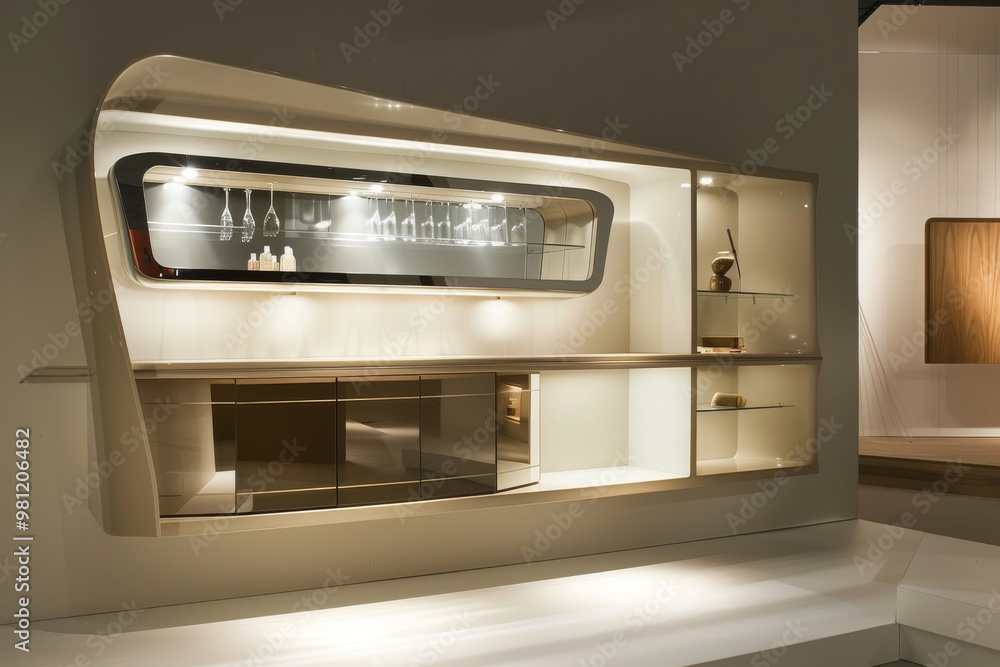 Obraz premium Modern style beige and white vanity with sleek design, featuring glass shelves and elegant lighting. This contemporary piece enhances any interior space with its stylish appeal
