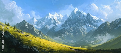 Painting of a summer trekking trail featuring numerous peaks between 6000 8000m elevation from a prominent mountain range photo