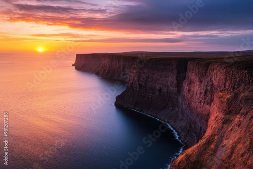 Sunset over coastal cliffs with vibrant skies, casting warm colors across the ocean. The dramatic cliffs rise sharply from the water, creating a striking landscape.