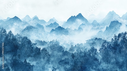 Fototapeta Naklejka Na Ścianę i Meble -  Mountain view wallpaper design featuring a blue monochrome color scheme mural art forest jungle elements and watercolor texture