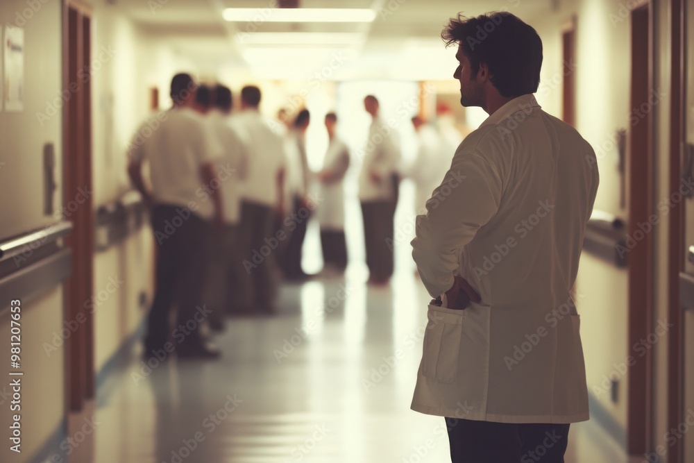 Fototapeta premium Thoughtful Doctor Standing in Hospital Hallway