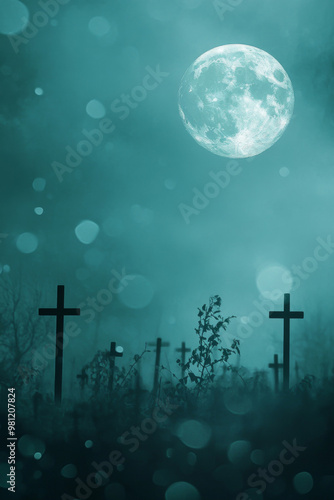 Graveyard cross under full moon with spider web and bokeh effect, background