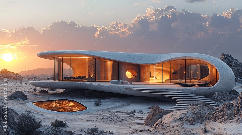 Render a futuristic desert home with curved architecture and solar ...