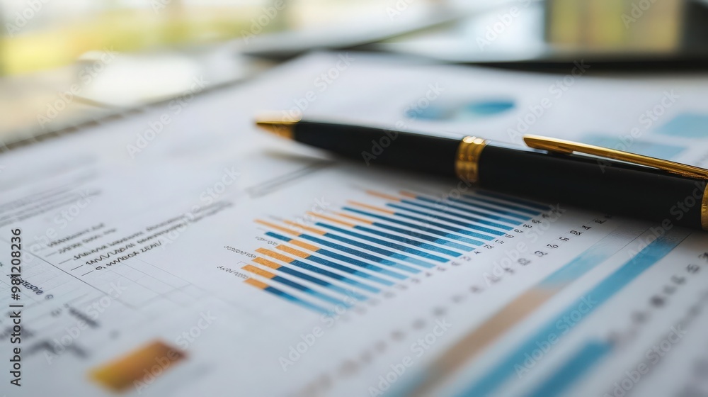 A close-up of a financial report with a pen resting on top A close-up of a financial report with a pen resting on top