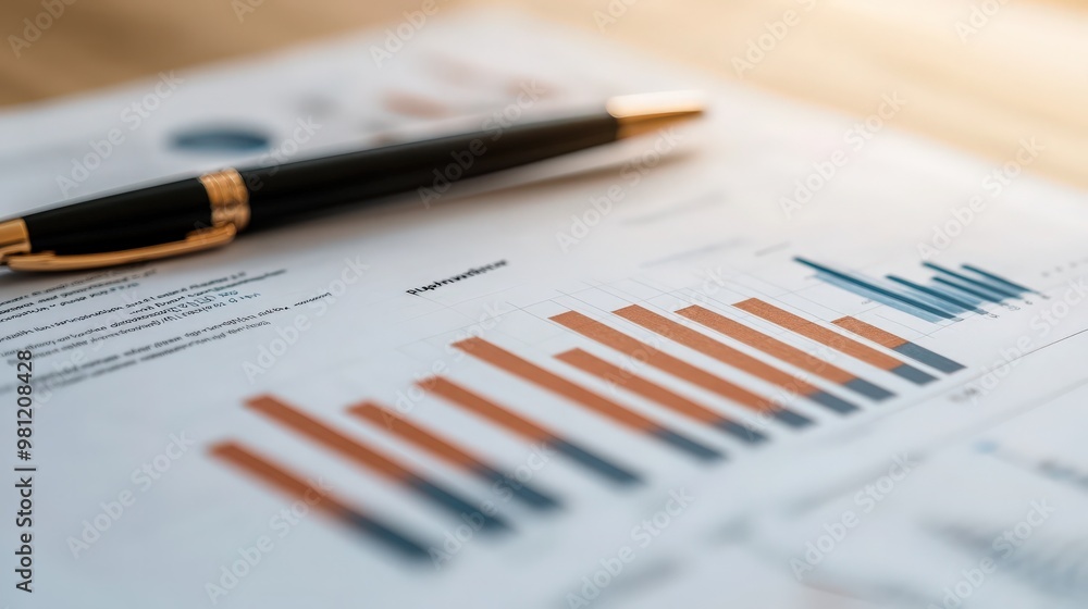 A close-up of a financial report with a pen resting on top A close-up of a financial report with a pen resting on top