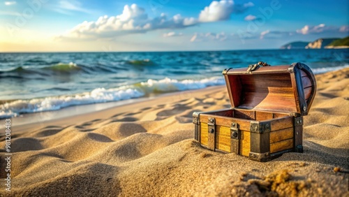 Open treasure chest partially buried in the sand on a beach , beach, treasure, chest, open, buried, sand, discovery, adventure