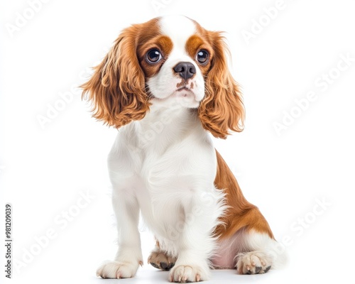 Spaniel Puppy. Adorable Dog Pet Sitting on White Background, Horizontal Studio Shot