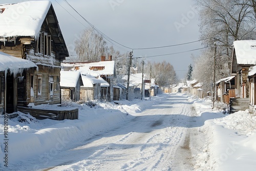 Serene snowy village street with wooden houses and snow-covered roofs, capturing the quiet beauty of winter in a rustic setting.