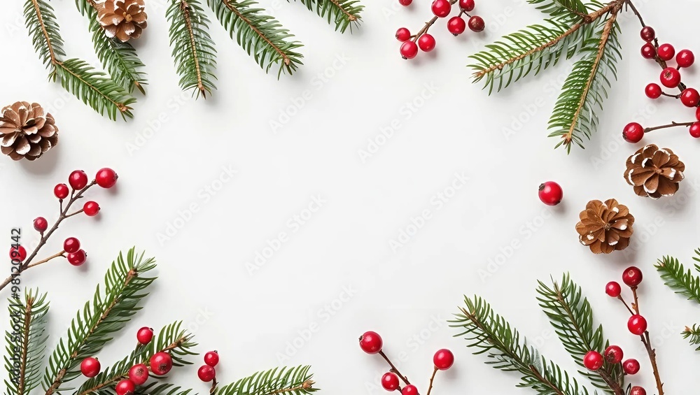 Christmas tree branches with red berries on a white background, creating a festive winter scene for the holiday season, Generative AI.