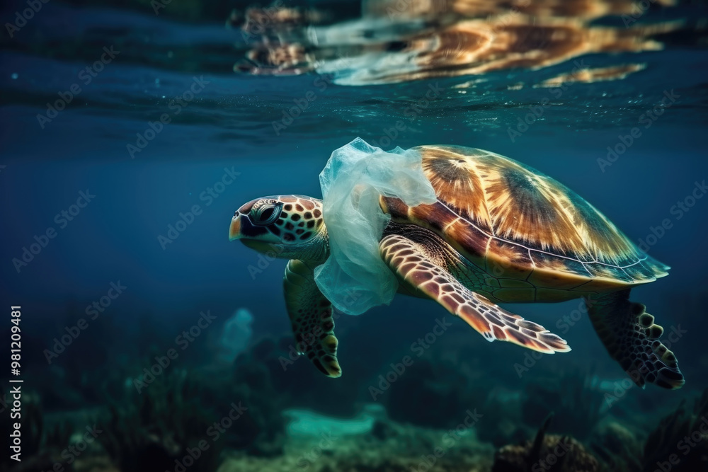 Fototapeta premium A sea turtle swims through clear water, inadvertently caught in a piece of plastic, showcasing the impact of pollution on marine life