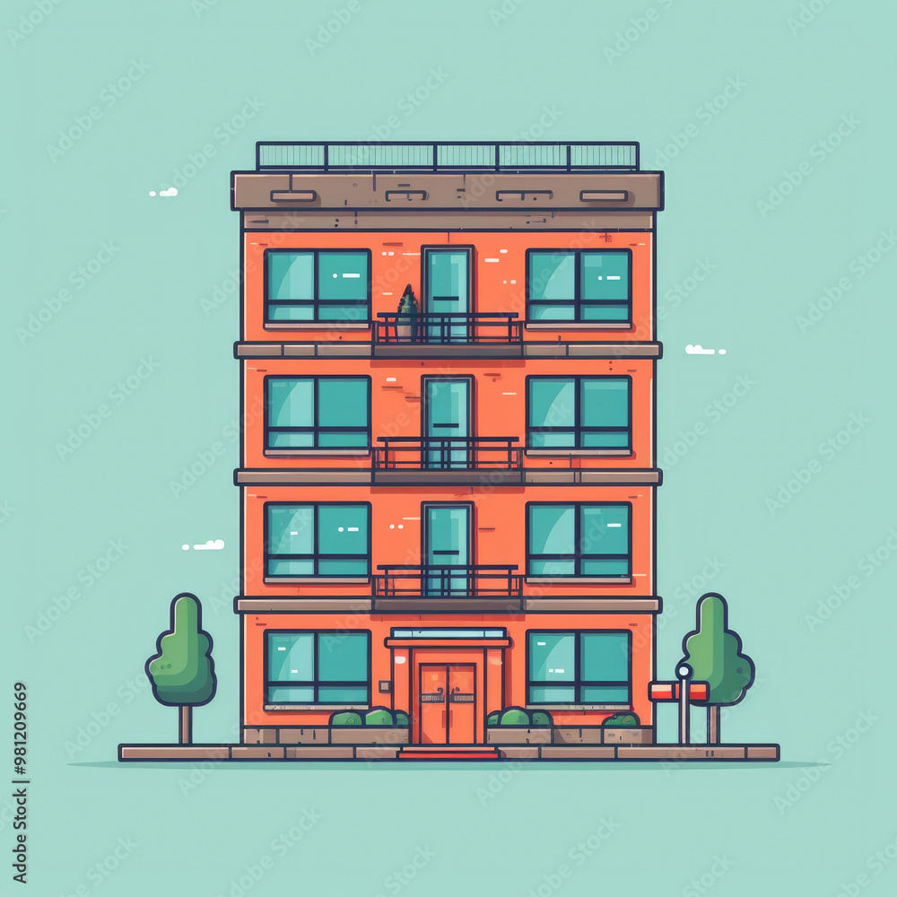 Obraz premium A vibrant, illustrated apartment building stands amid lush greenery, showcasing colorful features and clear skies in an urban setting
