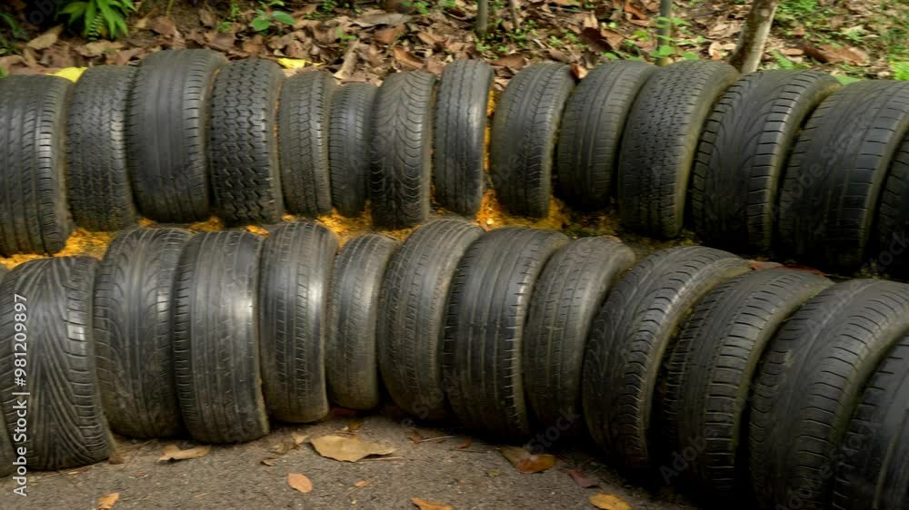 Closeup pan shot of dozens of worn black rubber vehicle tires or tyres, butted up next to each other in two rows, outside on the ground. Closeup pan shot of dozens of worn black rubber vehicle tires or tyres, butted up next to each other in two rows, outside on the ground.