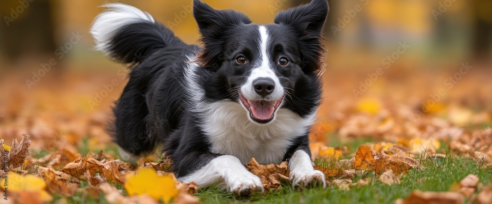Happy Border Collie Playing in Autumn Leaves Happy Border Collie Playing in Autumn Leaves