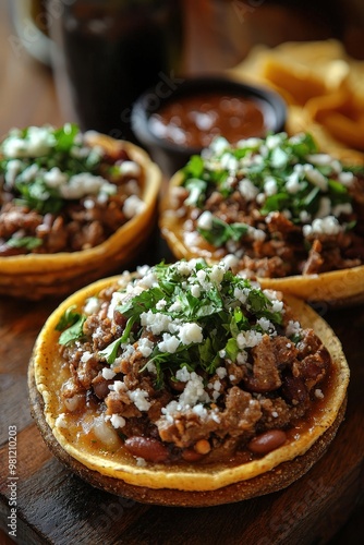 Zope - Small, thick tortillas topped with beans, meat, lettuce, and cheese, similar to sopes but bite-sized.