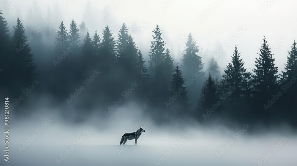 Foggy pine forest with wolves howling in the distance, trees nature background, wildlife mystery Foggy pine forest with wolves howling in the distance, trees nature background, wildlife mystery