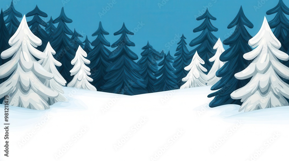 Obraz premium Winter forest with snow-laden trees, a pack of wolves prowling in the distance, trees nature background, wildlife in winter
