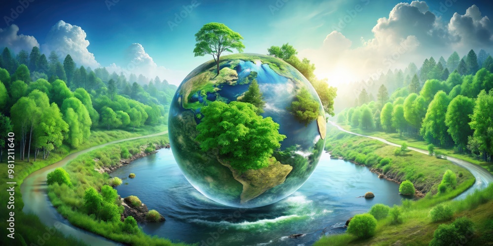 Green planet with lush forests, clean waterways, and renewable energy sources , eco-friendly, sustainable, environment Green planet with lush forests, clean waterways, and renewable energy sources , eco-friendly, sustainable, environment