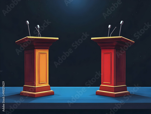 Flat Glossy Debate Podiums Concept: Wide Shot of Two Glossy Podiums with 'Democracy' Etched, Perfect for Political Discourse Promotion