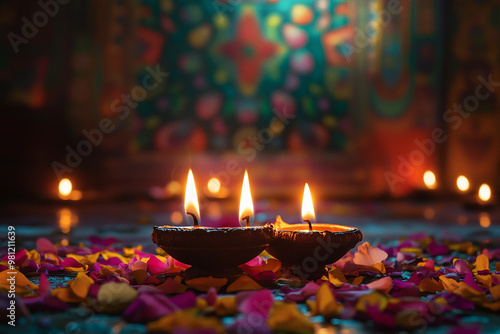 Celebrating Diwali festival, candles in temple with colorful background