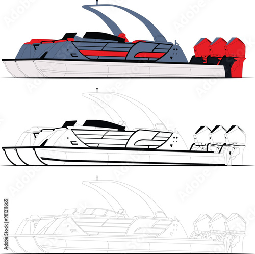 Vector, line art, and color image of a pontoon boat  on a white background