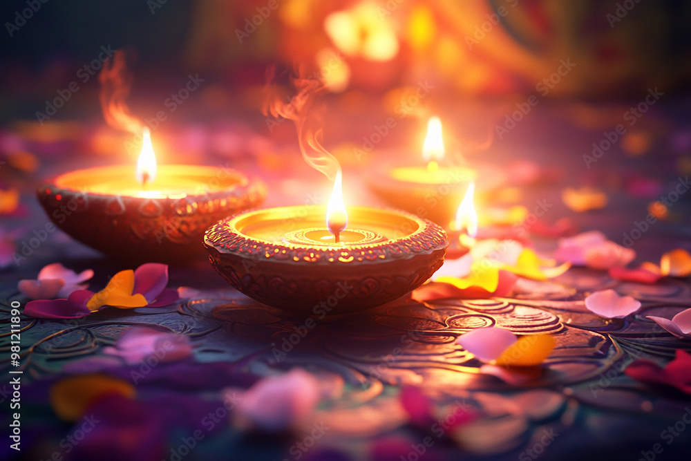 Celebrating Diwali festival, candles in temple with colorful background Celebrating Diwali festival, candles in temple with colorful background