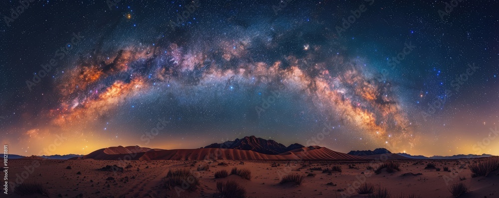 Naklejka premium Stunning panoramic view of the Milky Way galaxy arching over a desert landscape at night, showcasing celestial beauty and vibrant star formations.