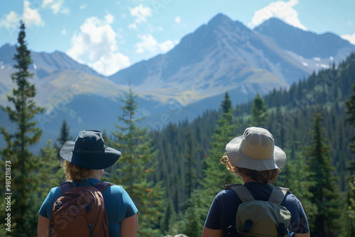 Two friends enjoy scenic hike in mountains surrounded by nature