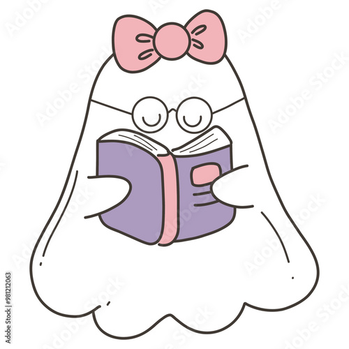 Cute nerd ghost girl with book for Halloween teacher decoration 