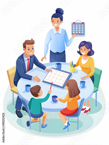 Flat Candid Family Calendar Night: Capturing Joyful Moments of Planning Activities for 2025 in a Simple Vector Illustration