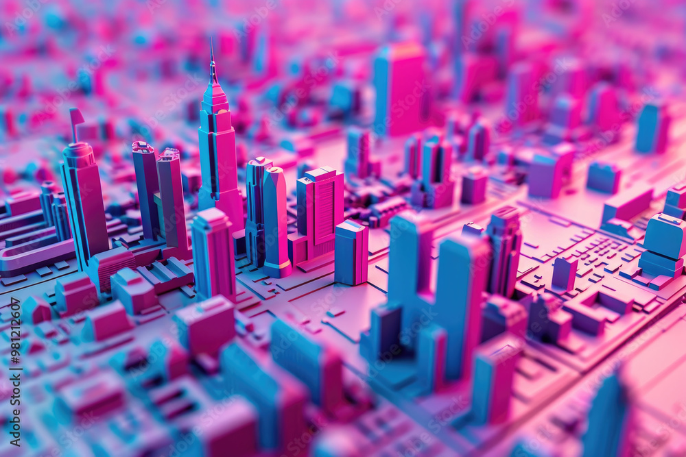 A vibrant 3D city model showcases an array of skyscrapers and urban structures bathed in pink and blue lighting, creating a striking visual effect A vibrant 3D city model showcases an array of skyscrapers and urban structures bathed in pink and blue lighting, creating a striking visual effect