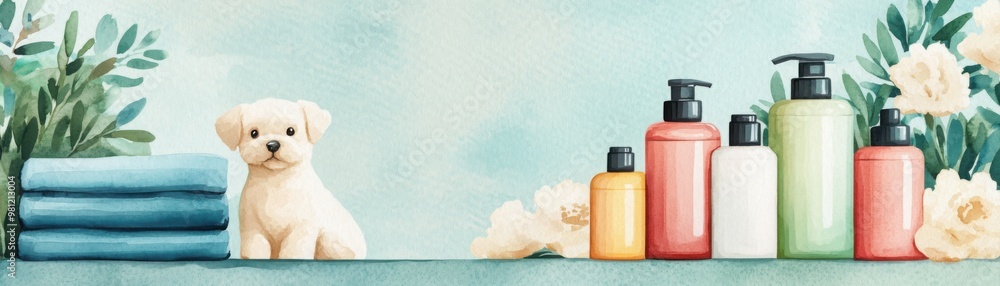 A cute puppy sits next to colorful grooming products and towels, surrounded by flowers and greenery, creating a fresh and inviting atmosphere.