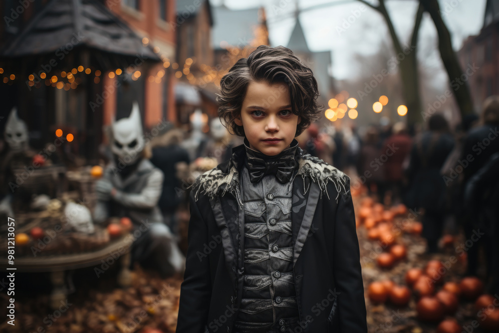 Fototapeta premium The young boy in a dark outfit stands proudly as the centerpiece of a bustling Halloween gathering, surrounded by pumpkins and eerie decorations