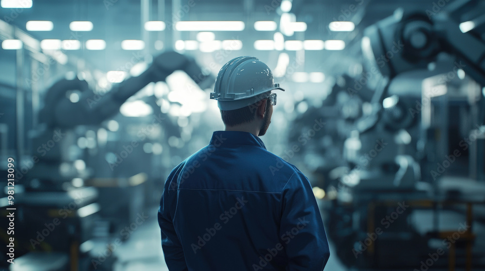 A focused engineer in overalls observes advanced robotic machinery in modern industrial setting, showcasing blend of human expertise and technology A focused engineer in overalls observes advanced robotic machinery in modern industrial setting, showcasing blend of human expertise and technology